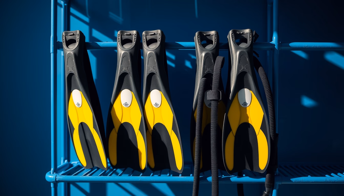 diving fins blue rack in editorial style