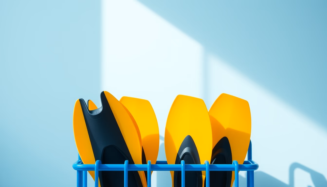 diving fins blue rack in editorial style