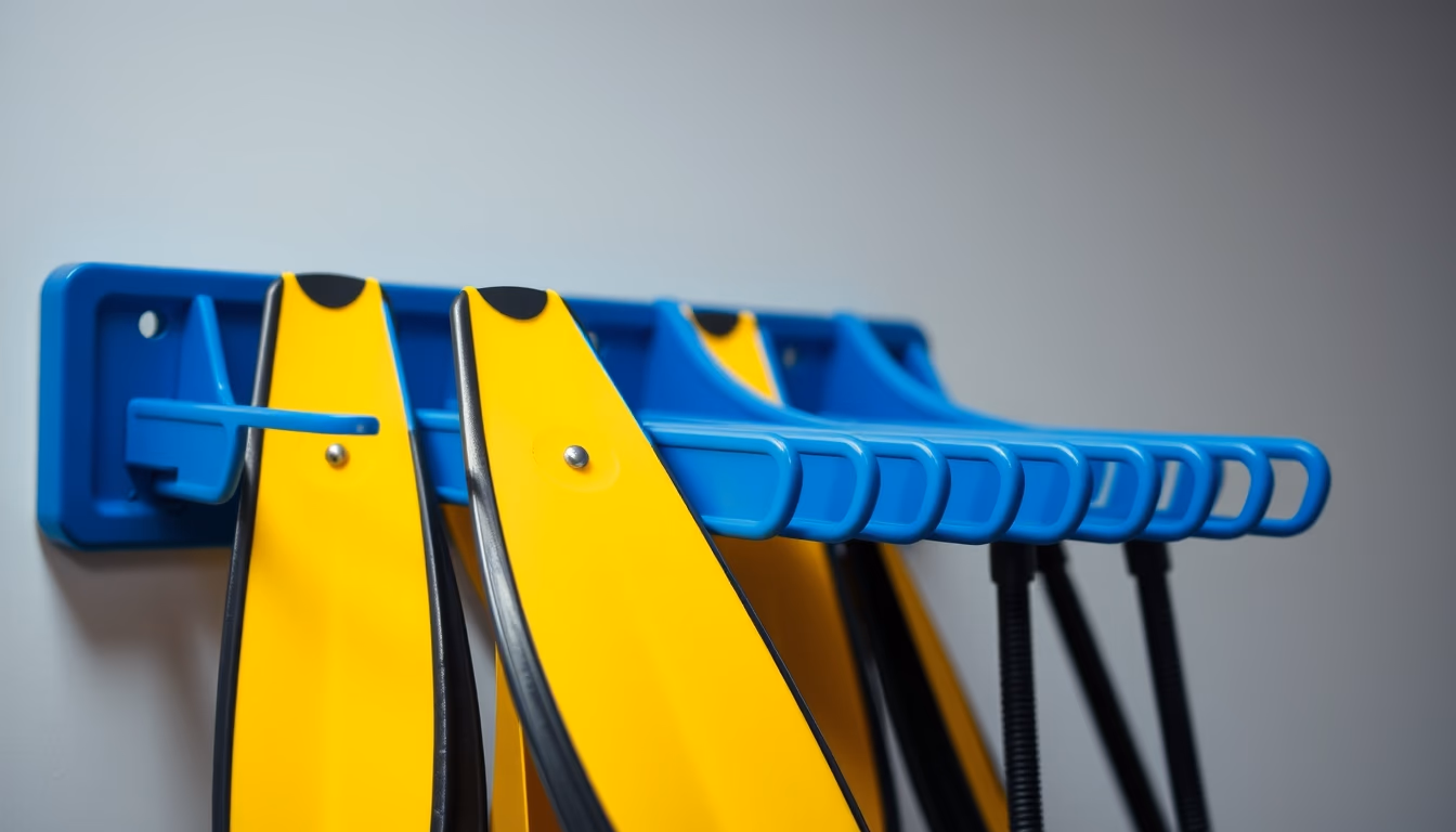 diving fins blue rack in editorial style