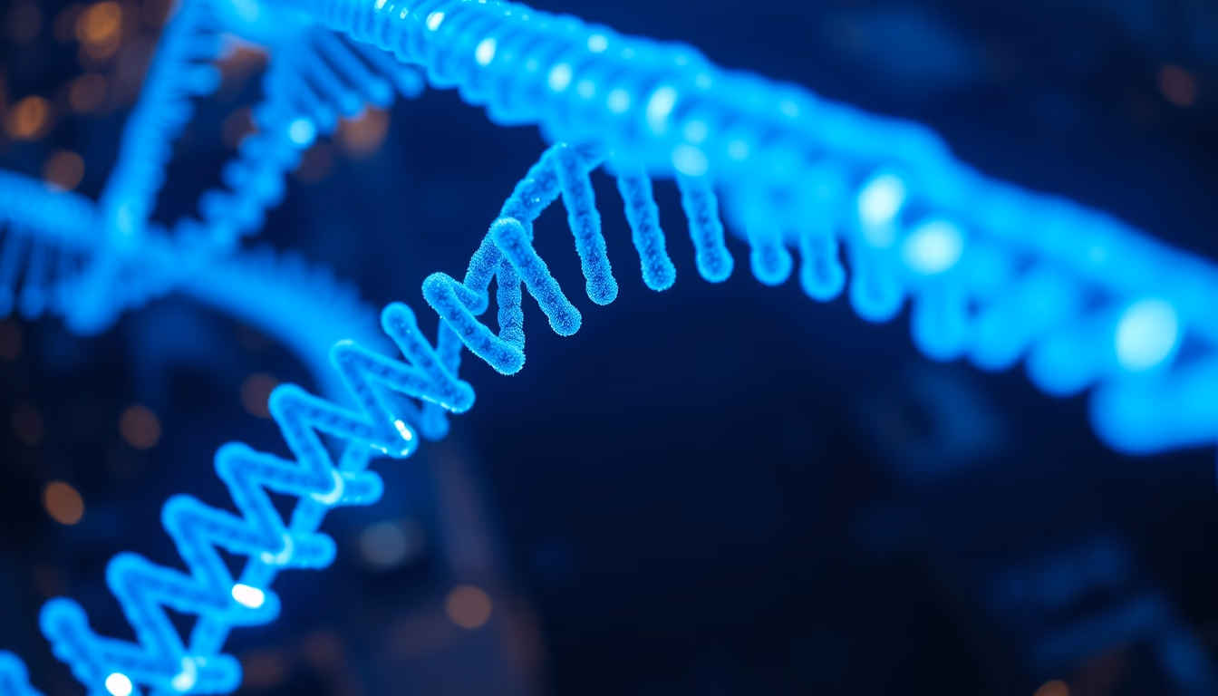 dna helix glowing blue in editorial style