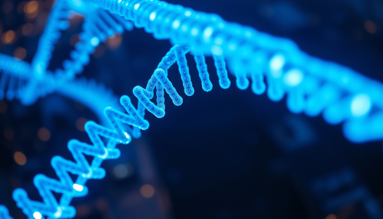 dna helix glowing blue in editorial style