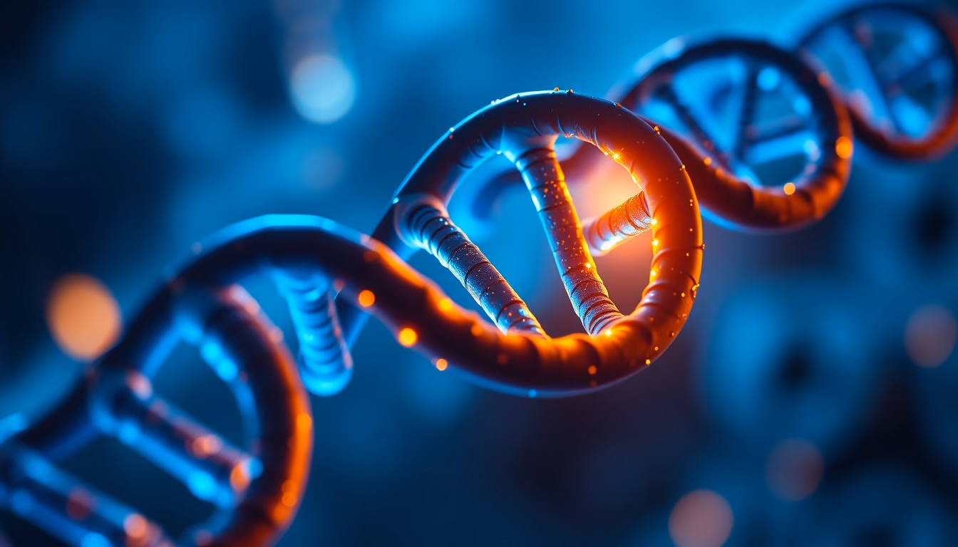 dna helix glowing blue in editorial style