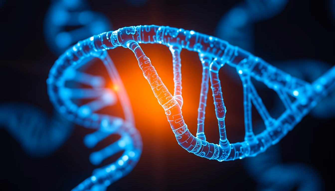 dna helix glowing blue in editorial style