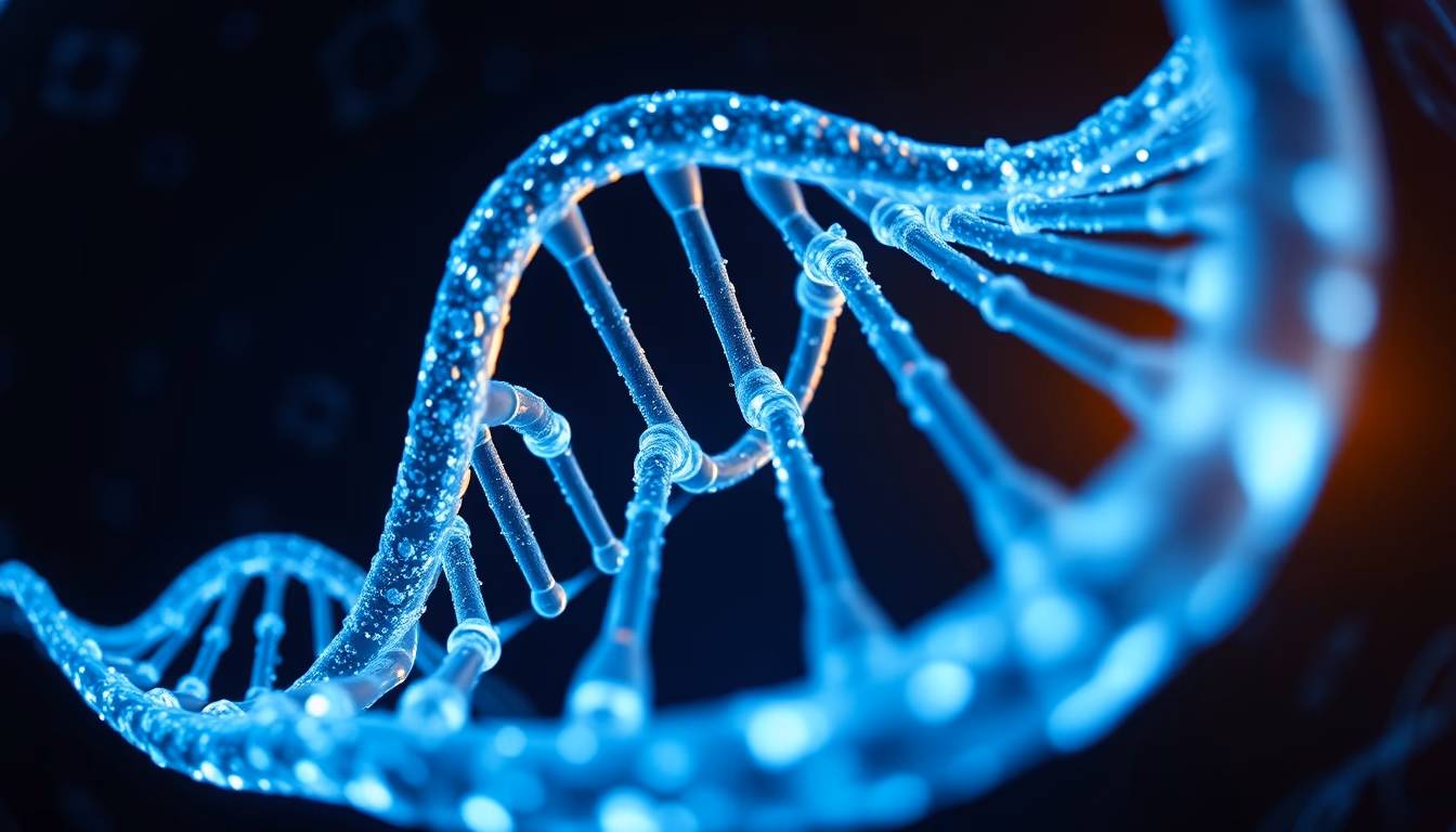 dna helix glowing blue in editorial style