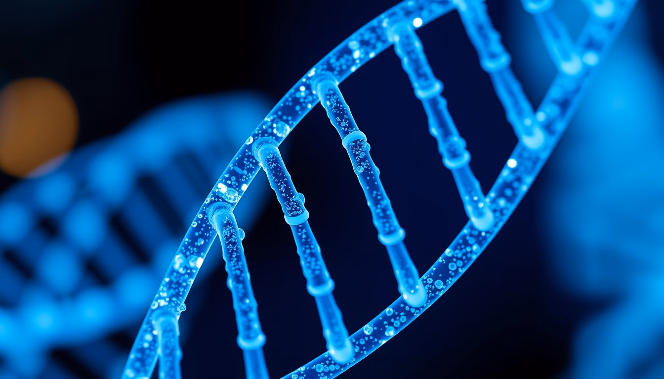 dna helix glowing blue in editorial style