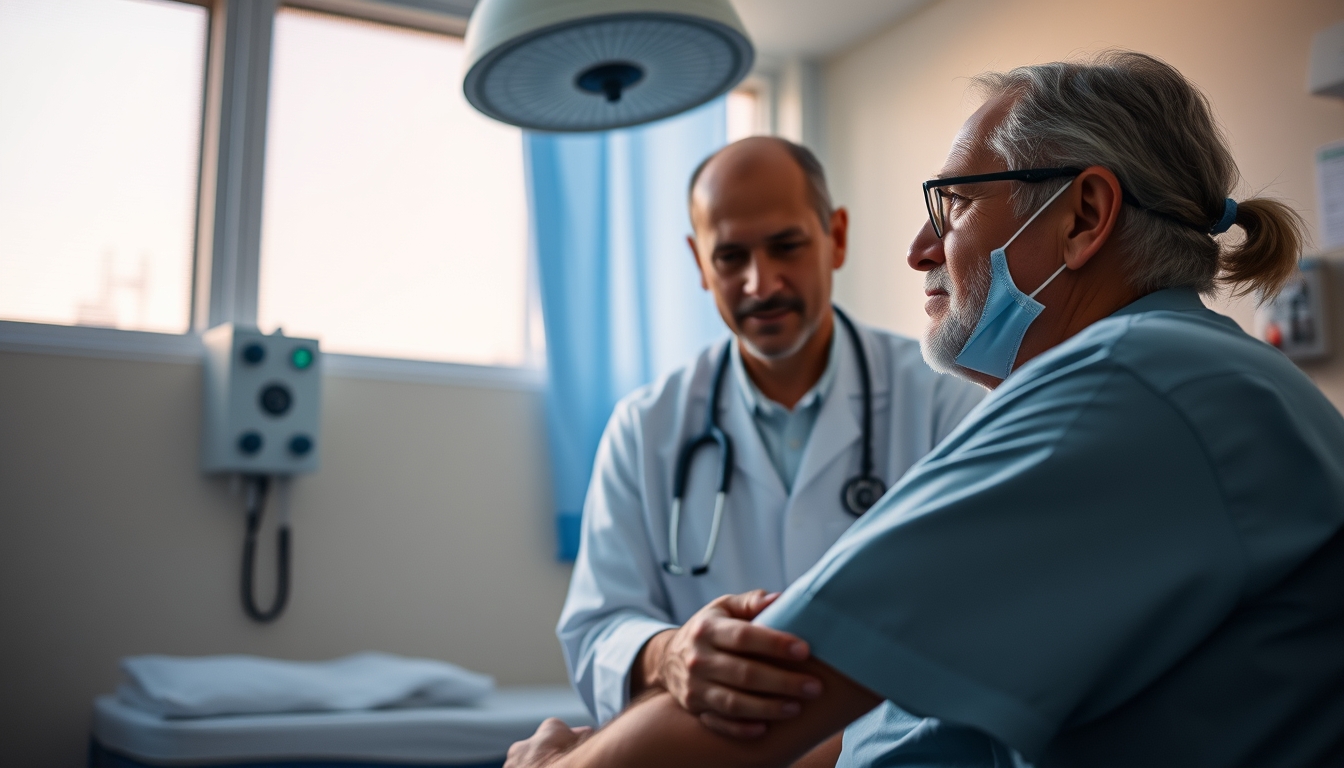 doctor and patient in social security medical exam room in editorial style
