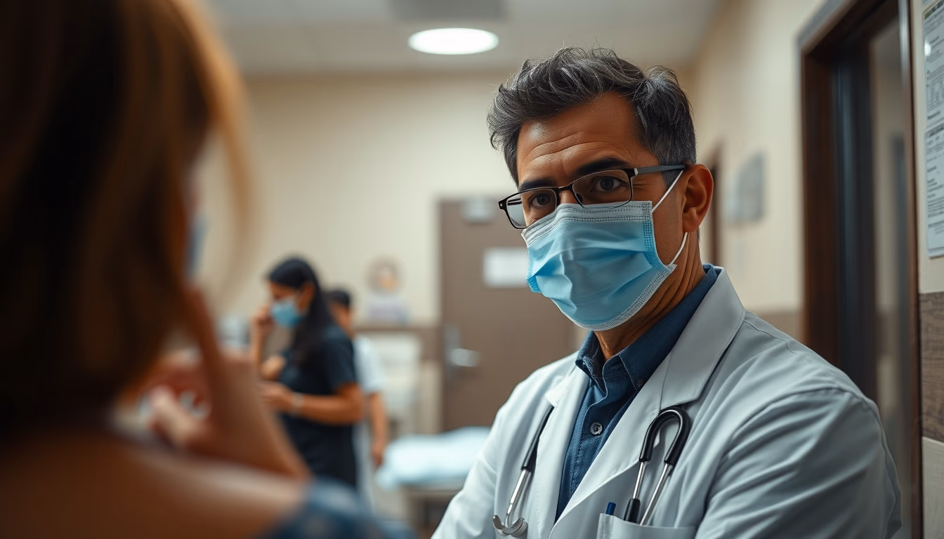 doctor and patient in social security medical exam room in editorial style