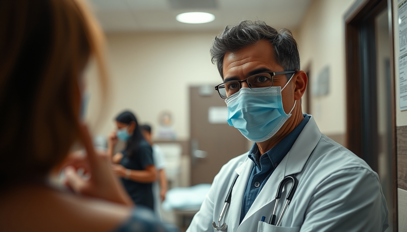 Doctor and patient in INSS perícia médica room em estilo editorial