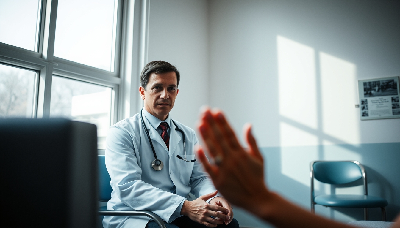 doctor and patient in social security medical exam room in editorial style