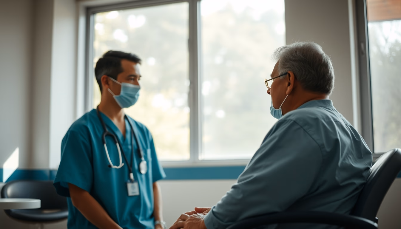 Doctor and patient in INSS perícia médica room em estilo editorial