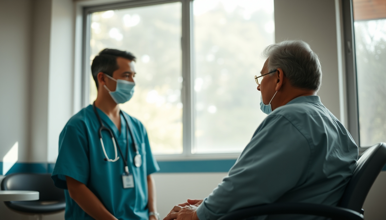 doctor and patient in social security medical exam room in editorial style