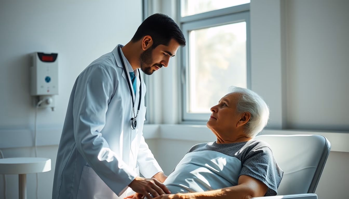 Doctor and patient in INSS perícia médica room em estilo editorial