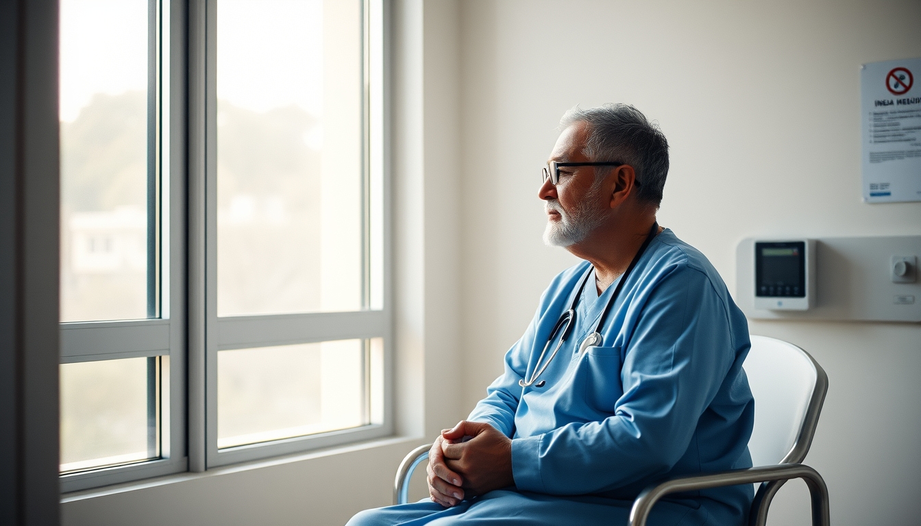 doctor and patient in social security medical exam room in editorial style