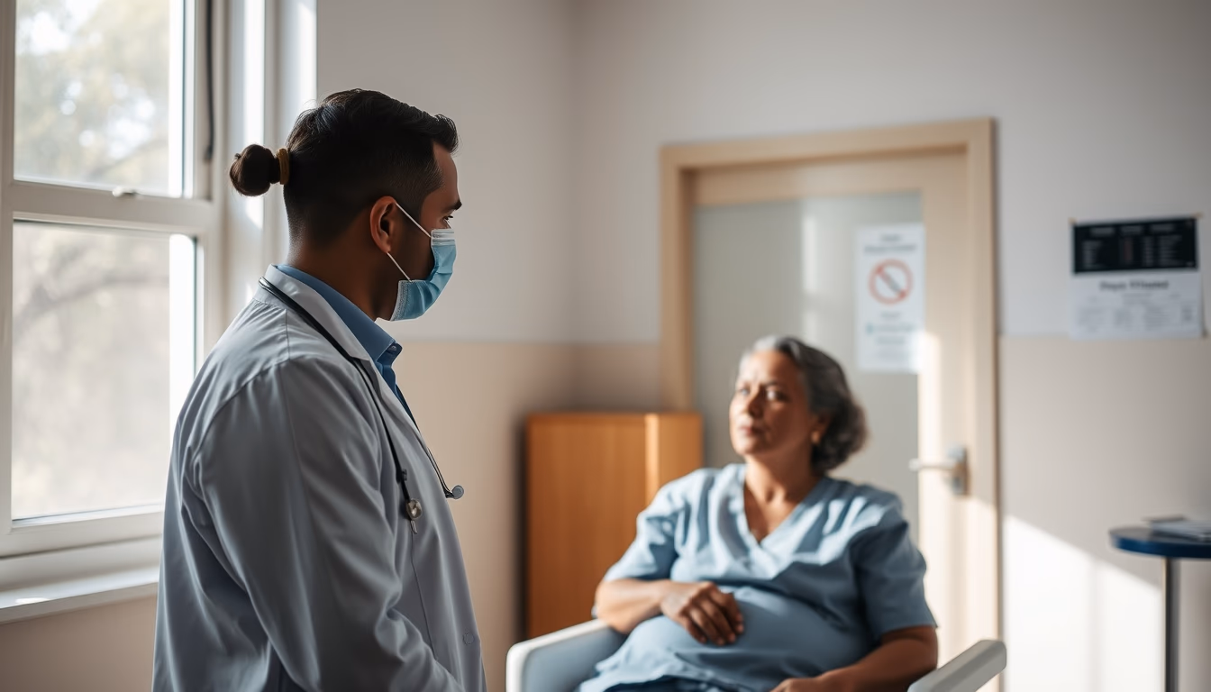 doctor and patient in INSS perícia médica room em estilo editorial