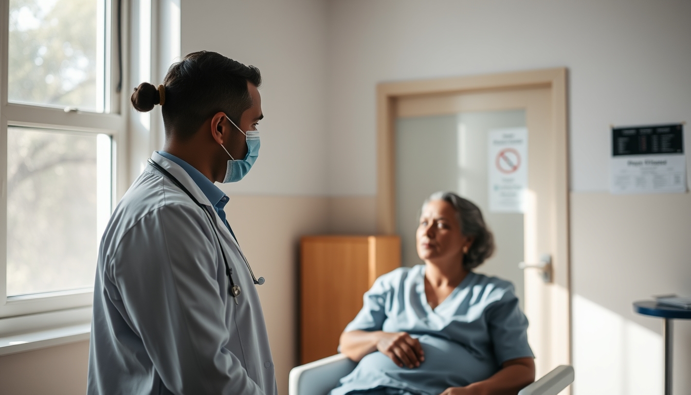 Doctor and patient in INSS perícia médica room em estilo editorial