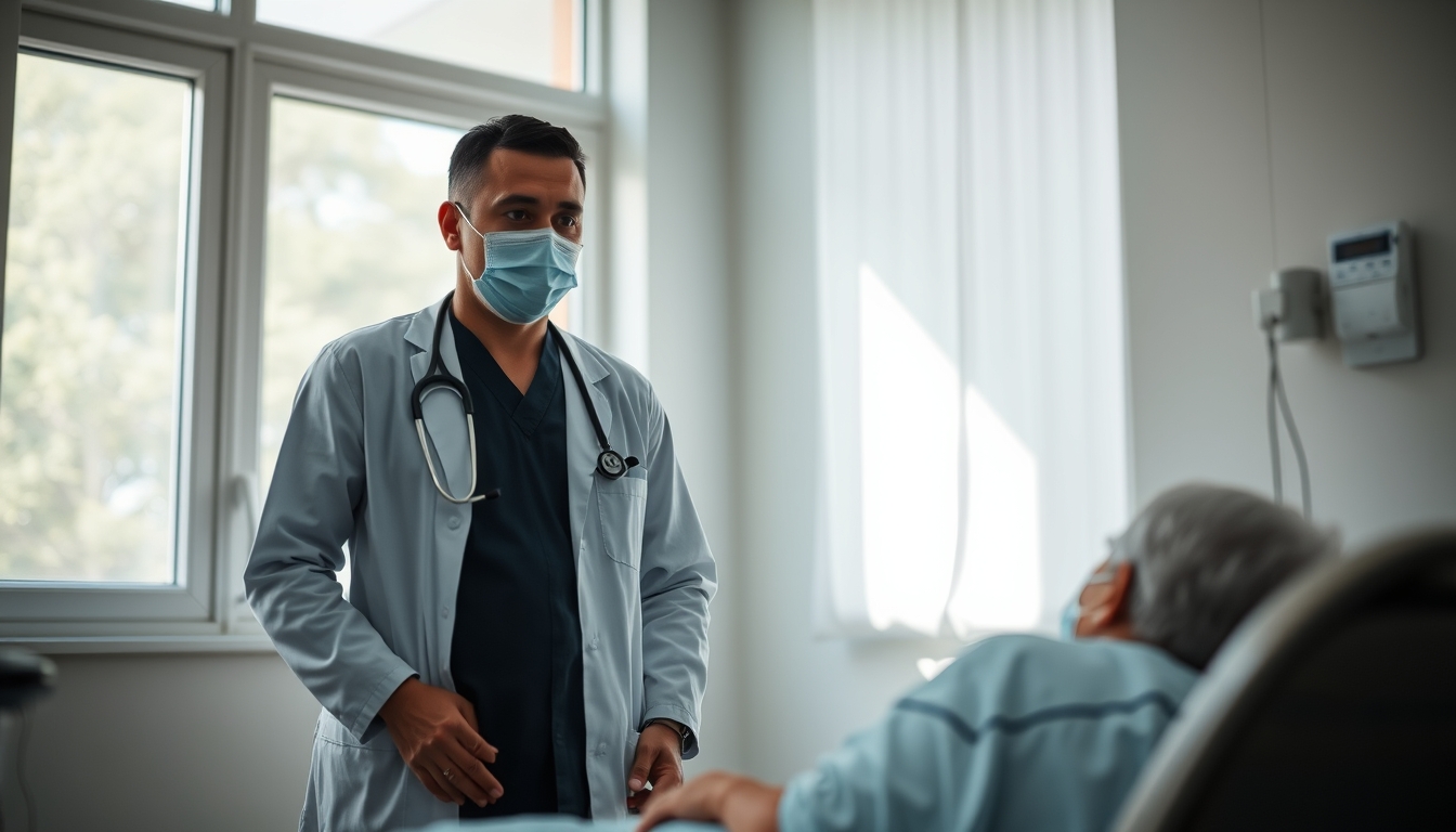 doctor and patient in social security medical exam room in editorial style