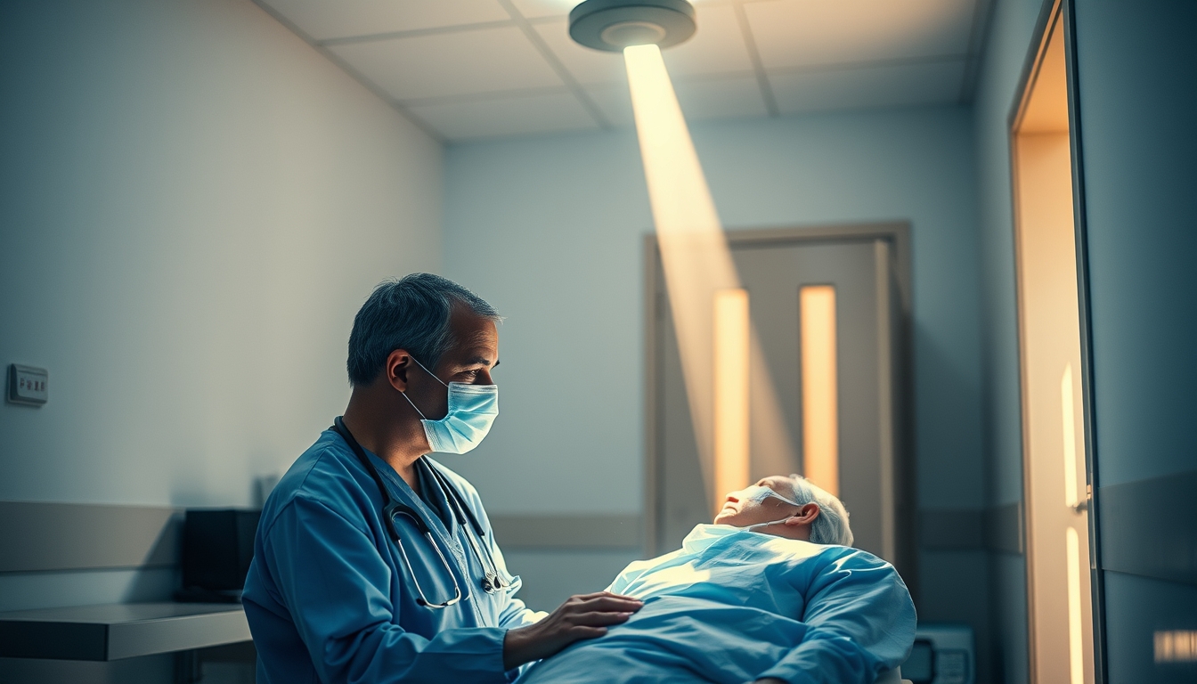 doctor and patient in social security medical exam room in editorial style