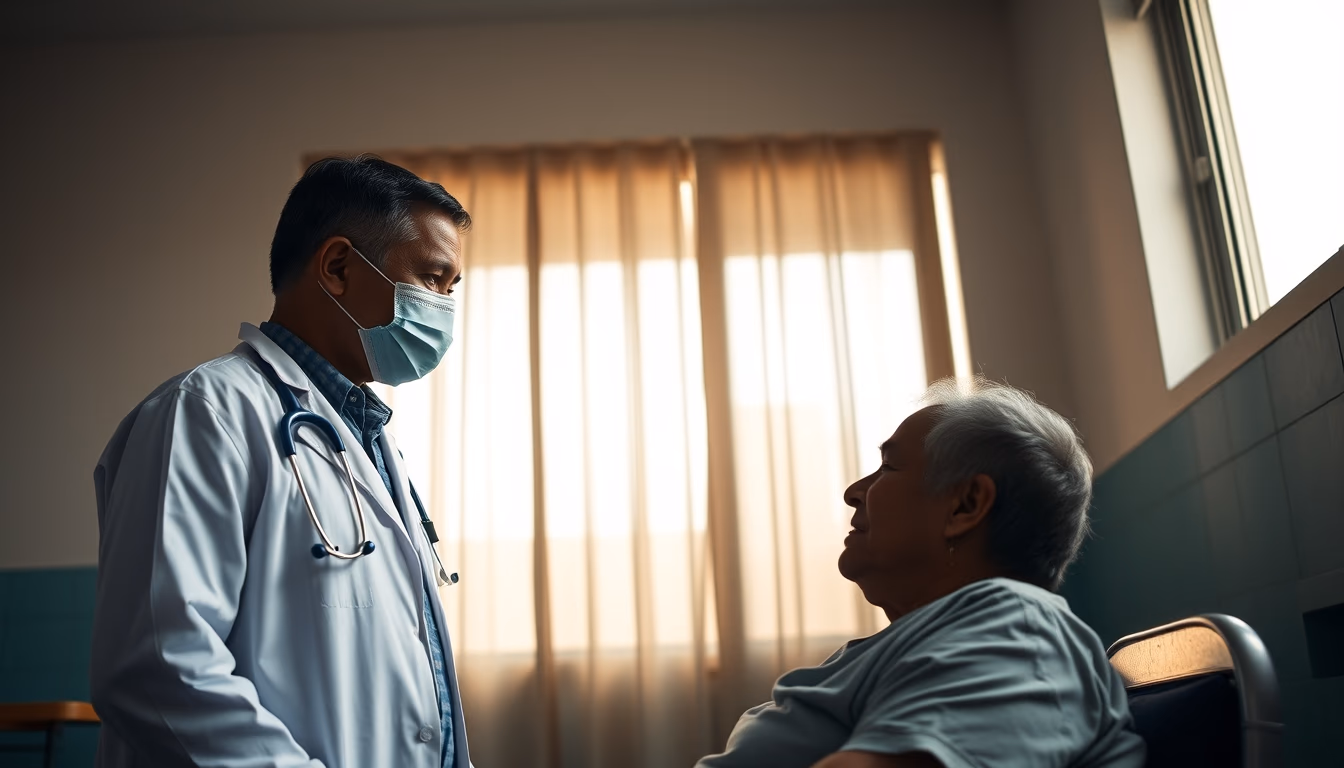 Doctor and patient in INSS perícia médica room em estilo editorial
