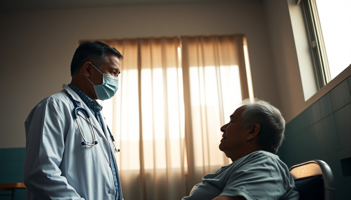 doctor and patient in social security medical exam room in editorial style