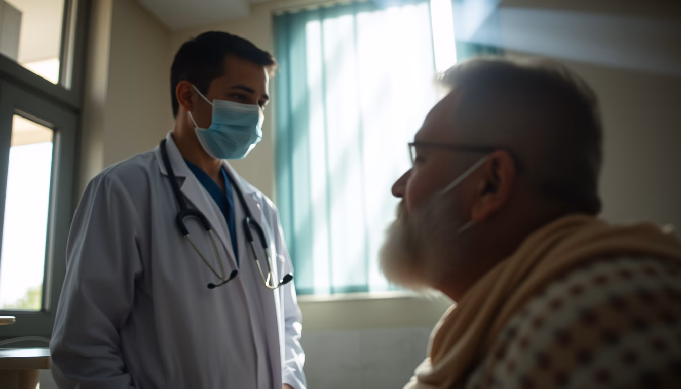 Doctor and patient in INSS perícia médica room em estilo editorial
