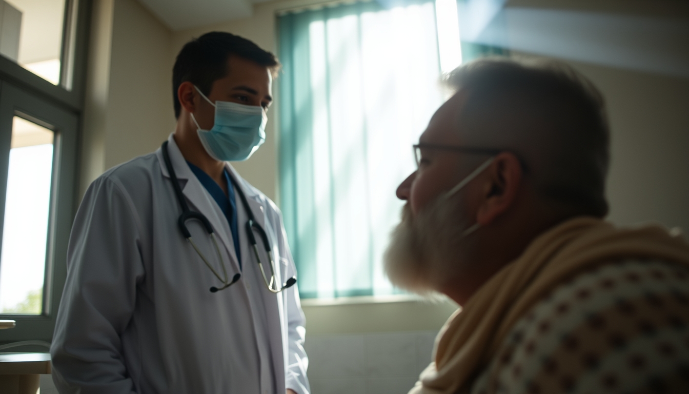 doctor and patient in social security medical exam room in editorial style