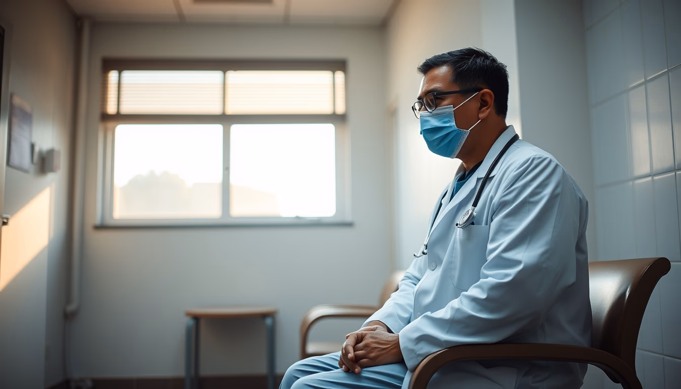 doctor and patient in social security medical exam room in editorial style