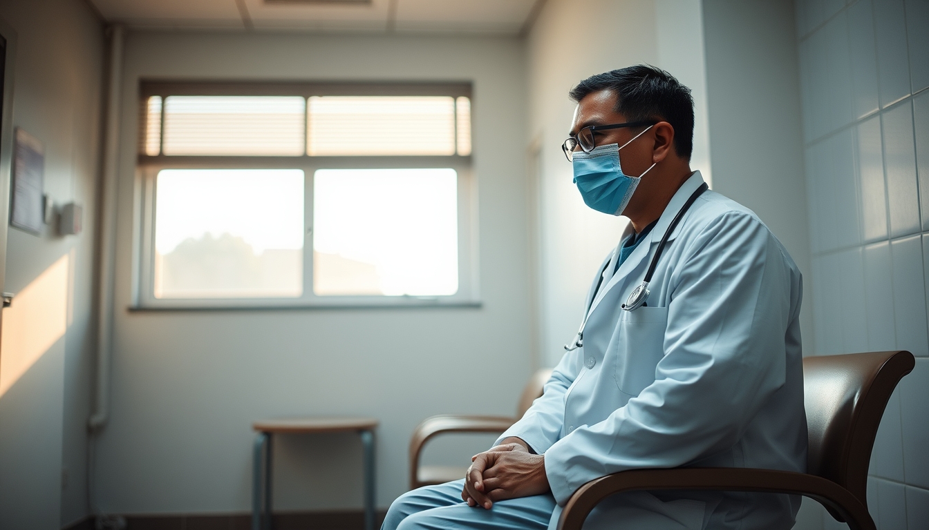 Doctor and patient in INSS perícia médica room em estilo editorial