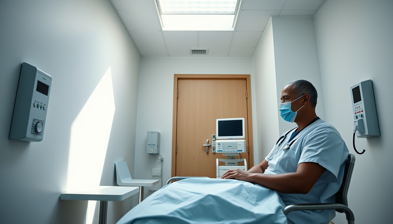 doctor and patient in social security medical exam room in editorial style