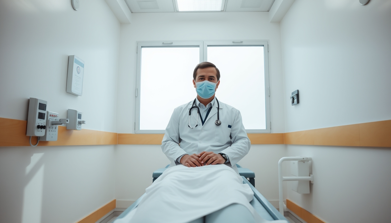 doctor and patient in social security medical exam room in editorial style