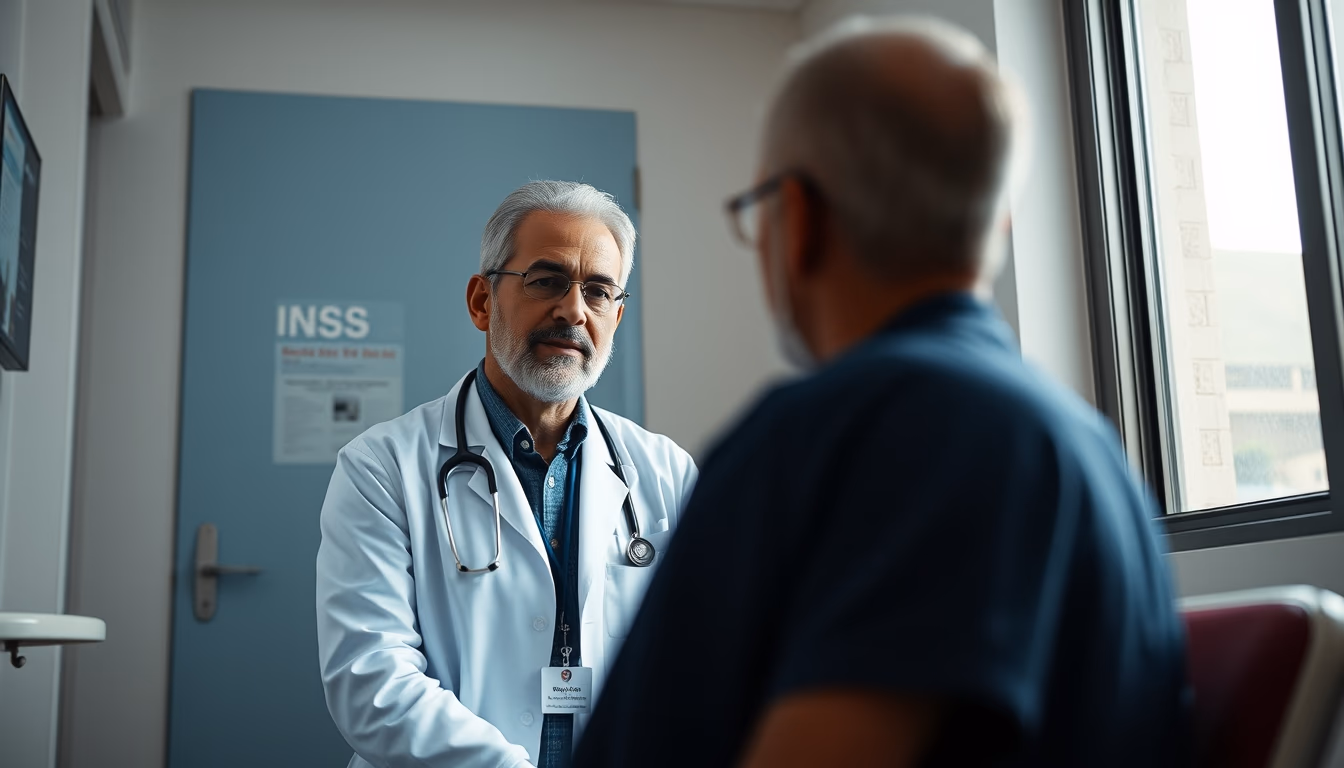 Doctor and patient in INSS perícia médica room em estilo editorial