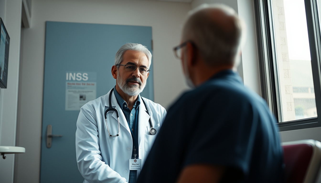 doctor and patient in social security medical exam room in editorial style