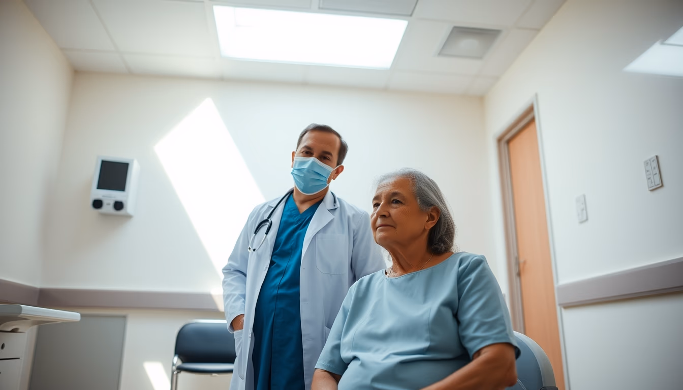 Doctor and patient in INSS perícia médica room em estilo editorial