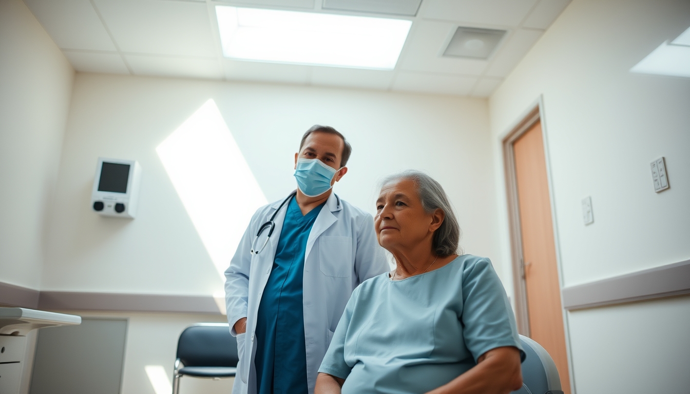 doctor and patient in social security medical exam room in editorial style
