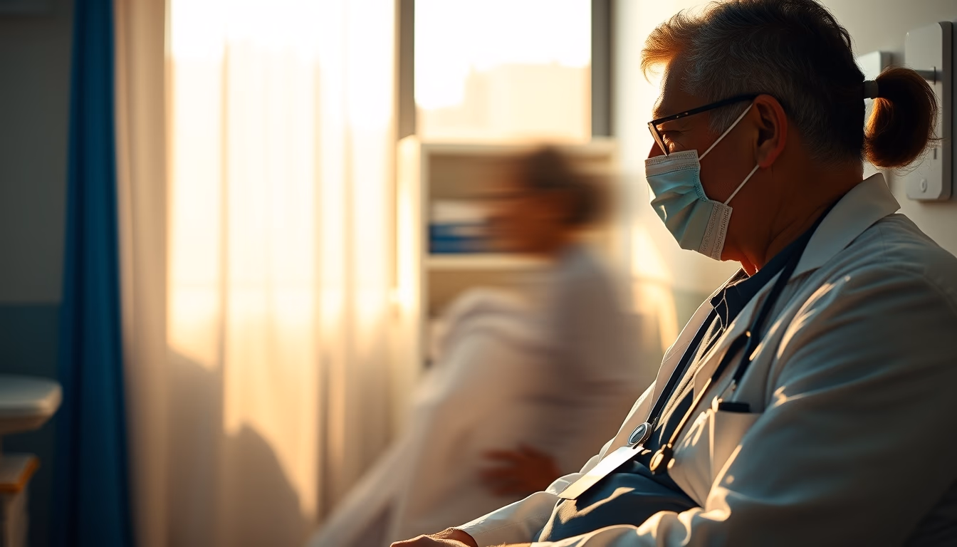 doctor and patient in social security medical exam room in editorial style
