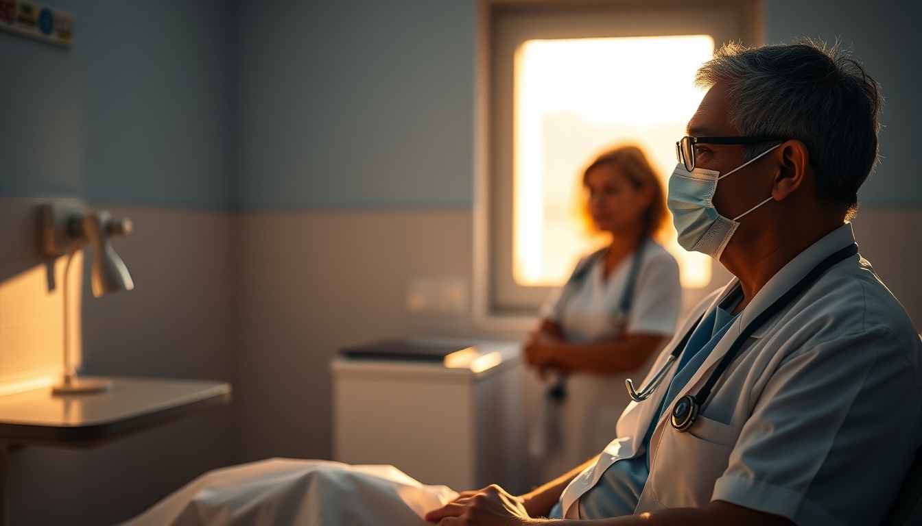 doctor and patient in social security medical exam room in editorial style