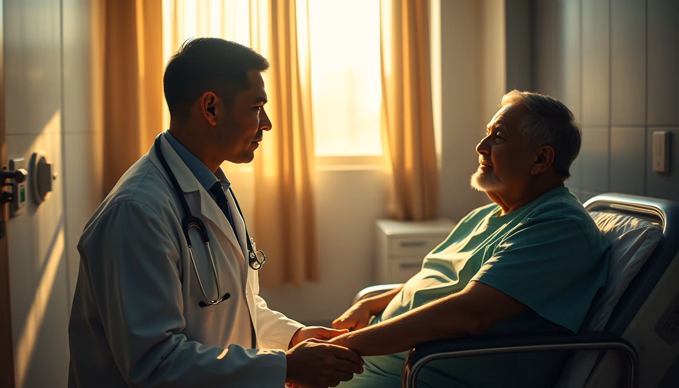 Doctor and patient in INSS perícia médica room em estilo editorial