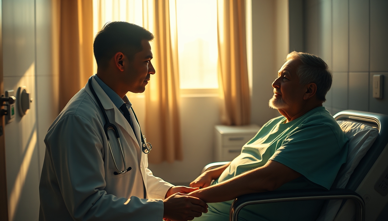Doctor and patient in INSS perícia médica room em estilo editorial