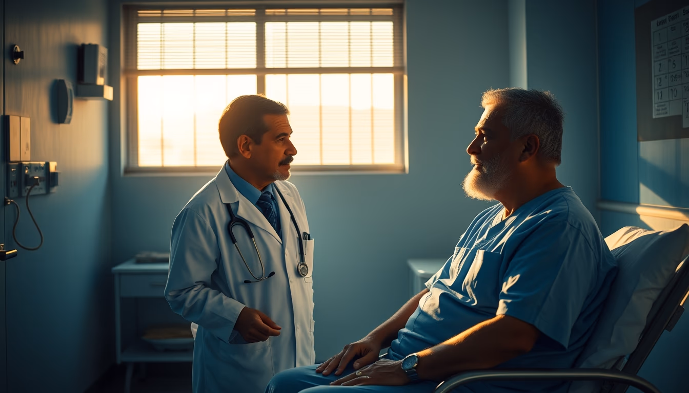 doctor and patient in social security medical exam room in editorial style