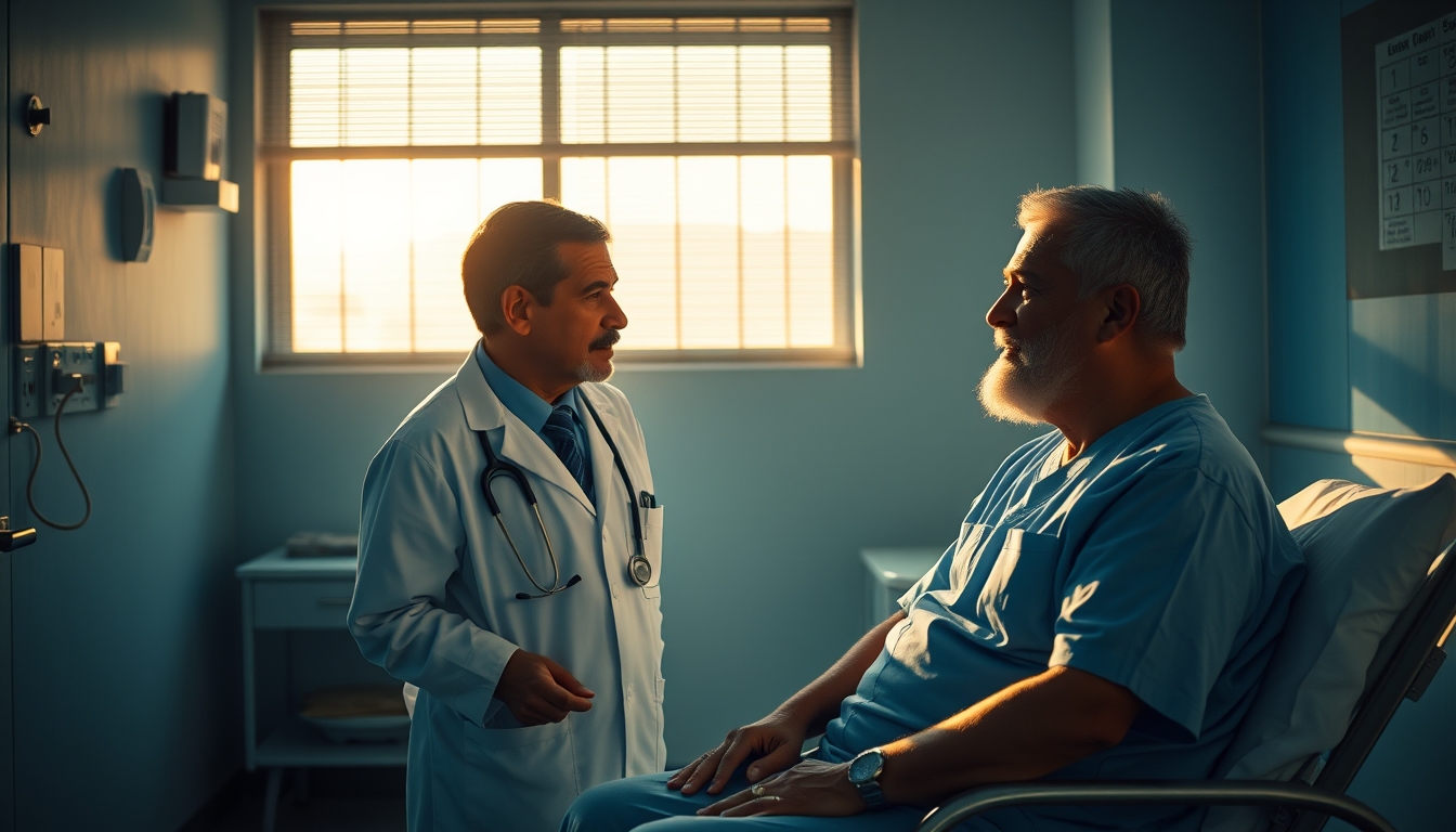 Doctor and patient in INSS perícia médica room em estilo editorial