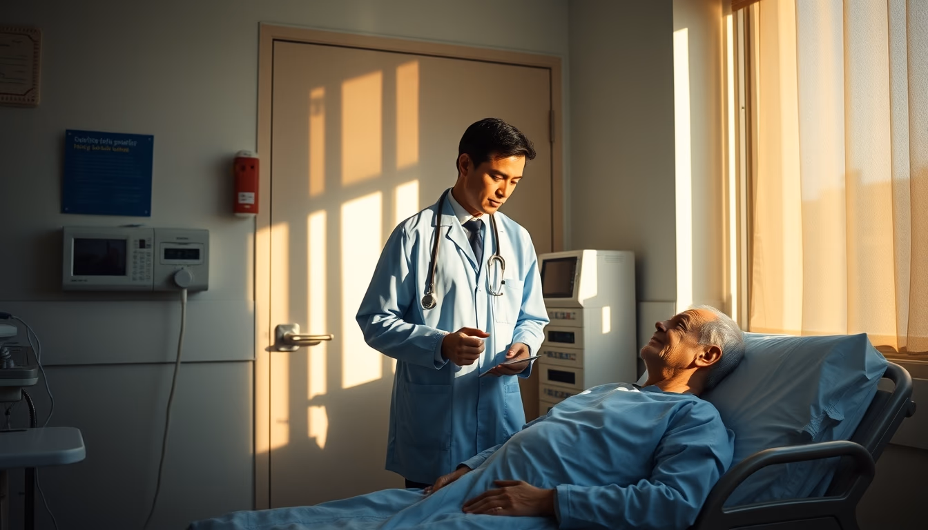 Doctor and patient in INSS perícia médica room em estilo editorial