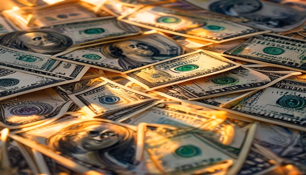 Dollar bills fanned out artistically em estilo editorial