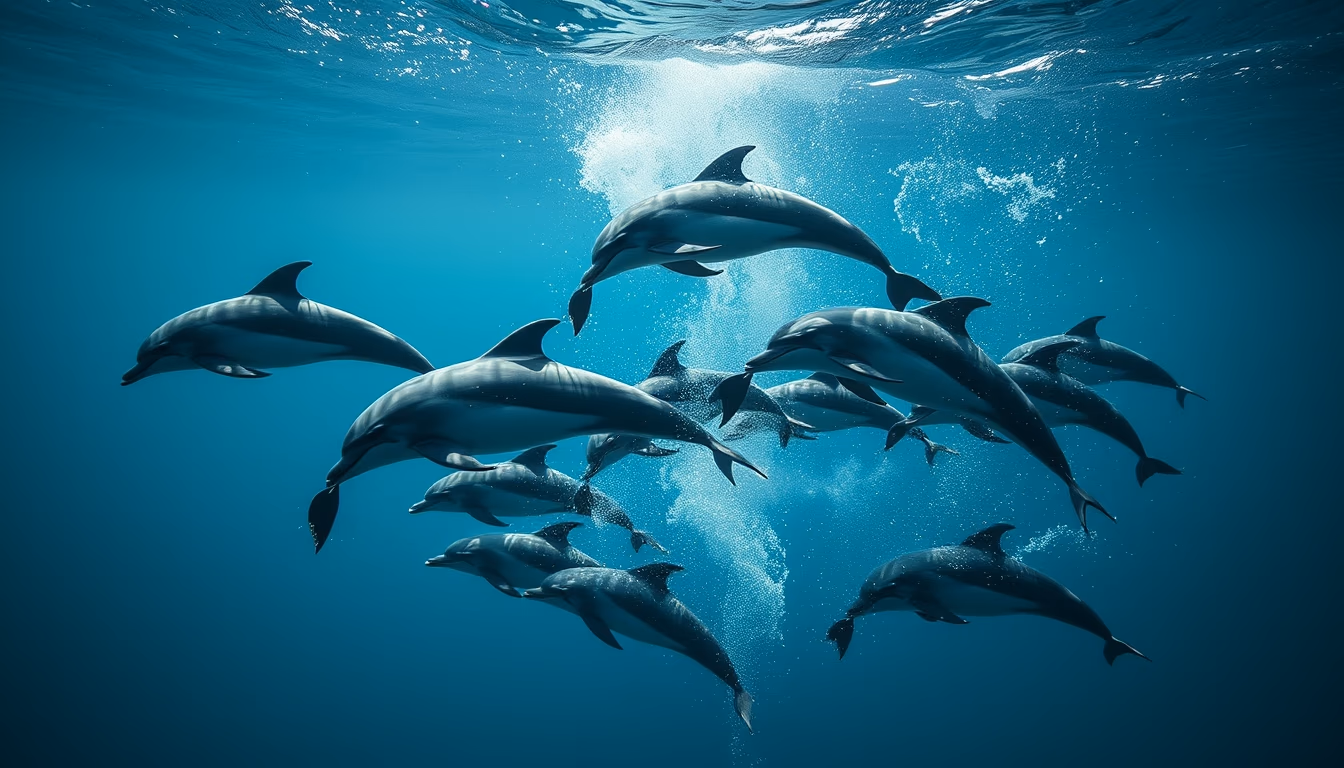 dolphin pod swimming in editorial style