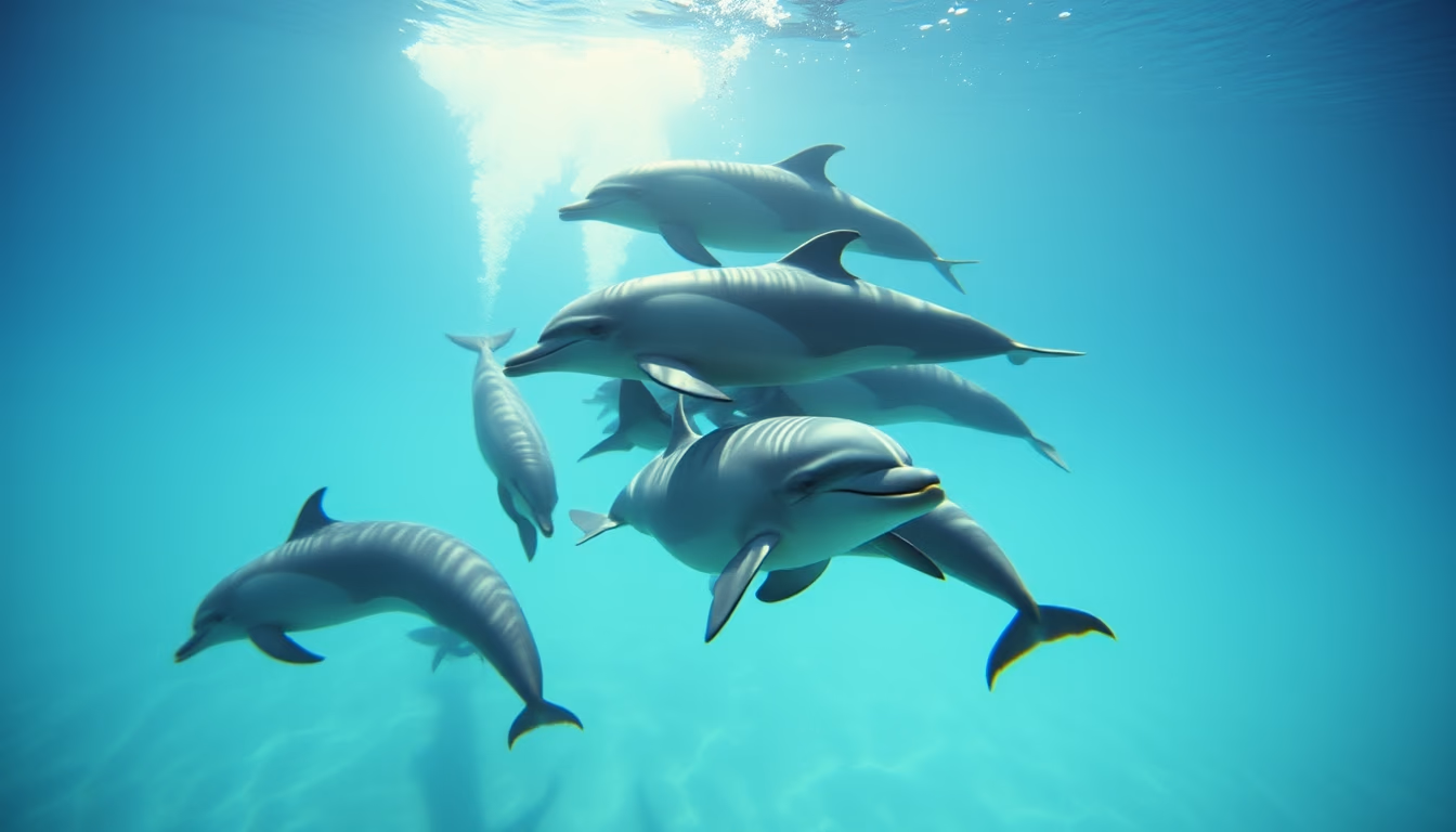 dolphin pod swimming in editorial style