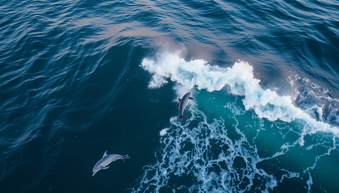 dolphins jumping wave in editorial style