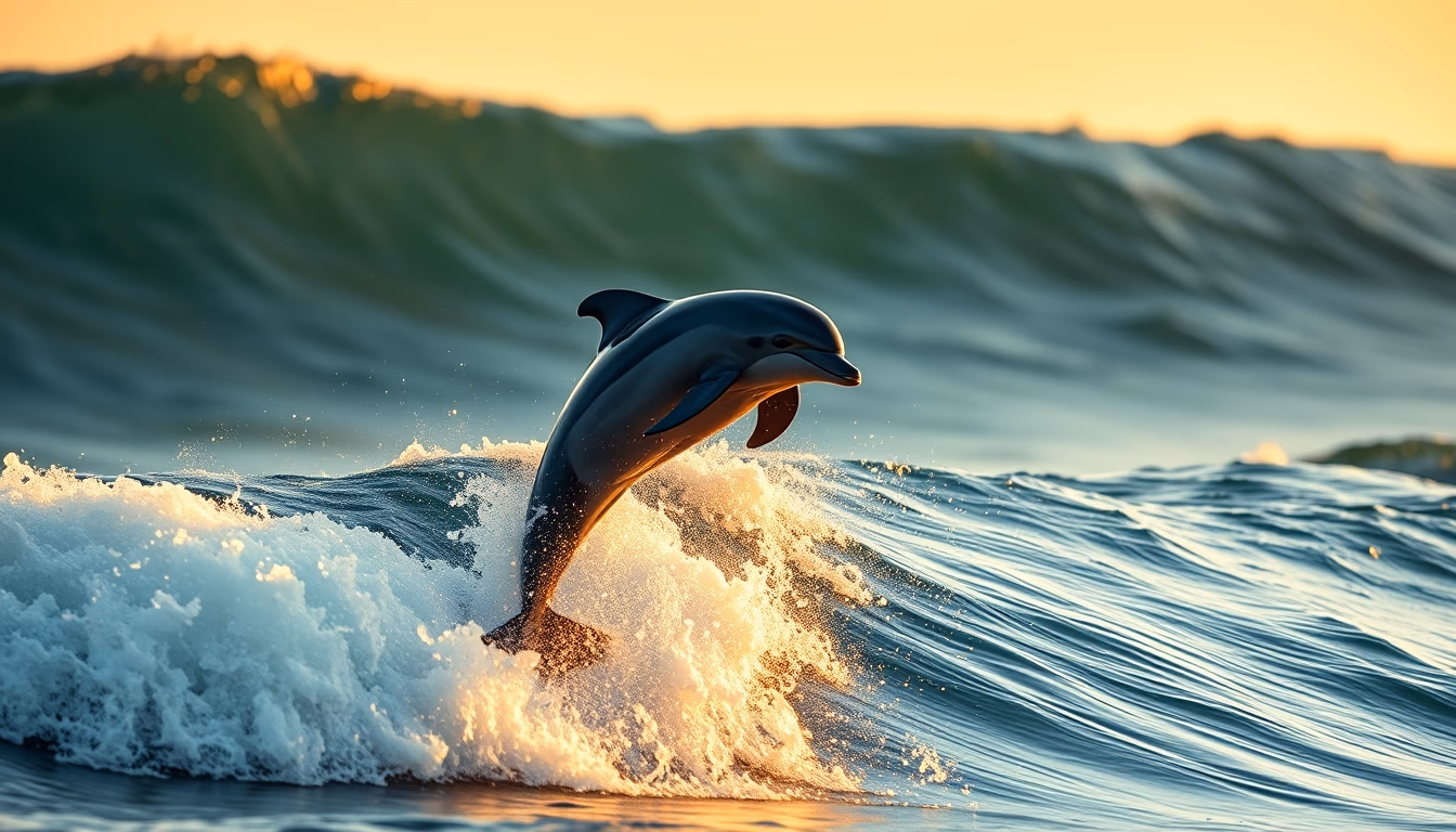 dolphins jumping wave in editorial style