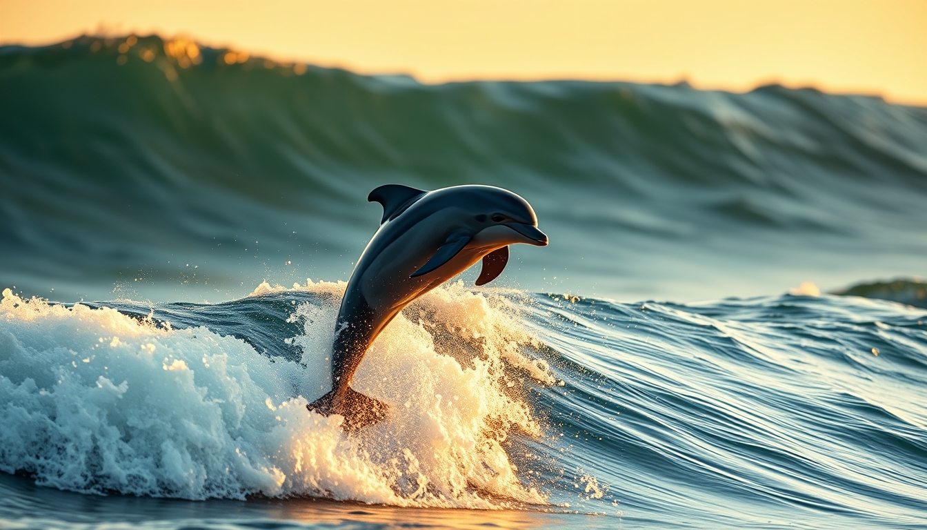 dolphins jumping wave in editorial style