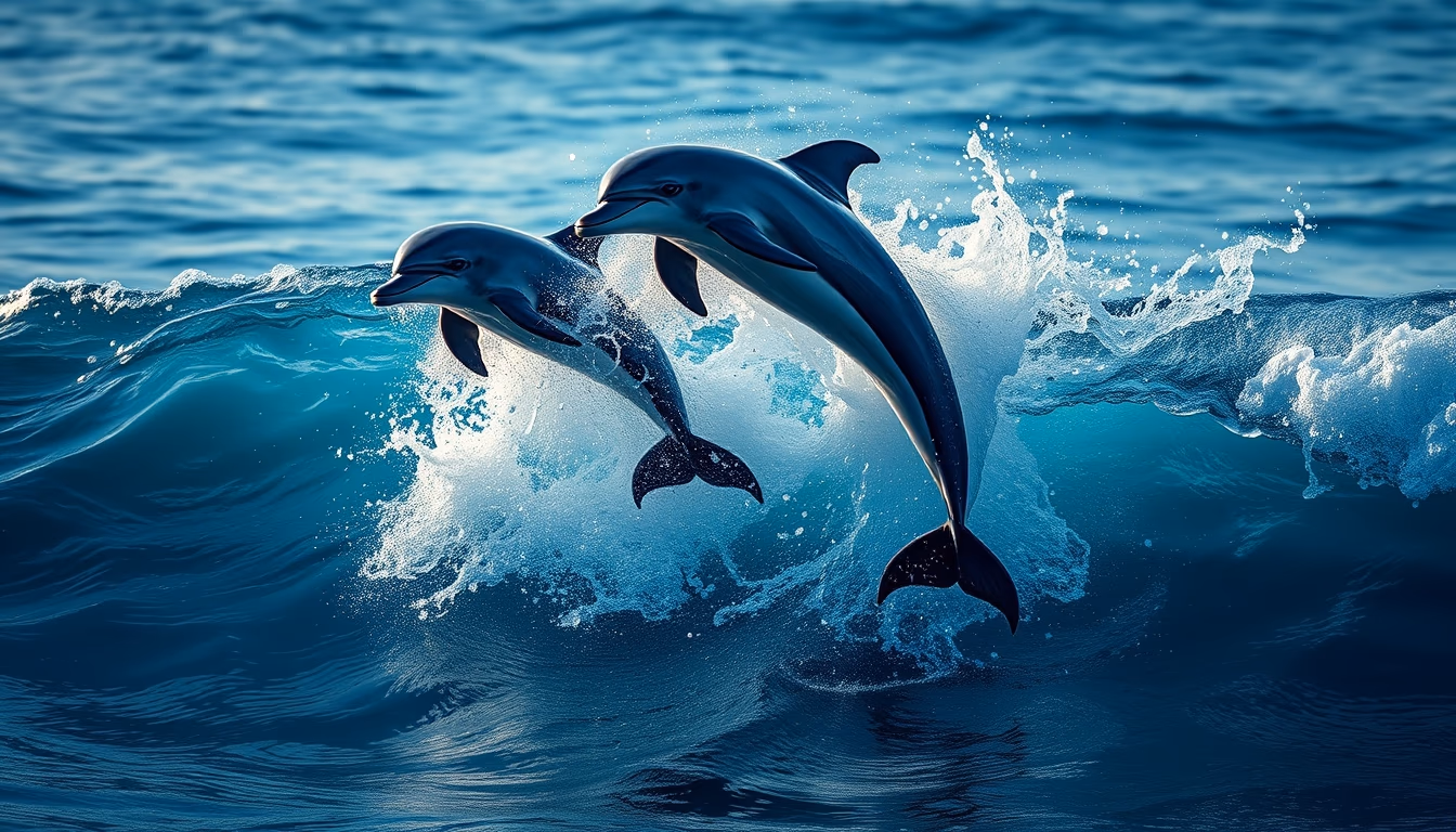dolphins jumping wave in editorial style