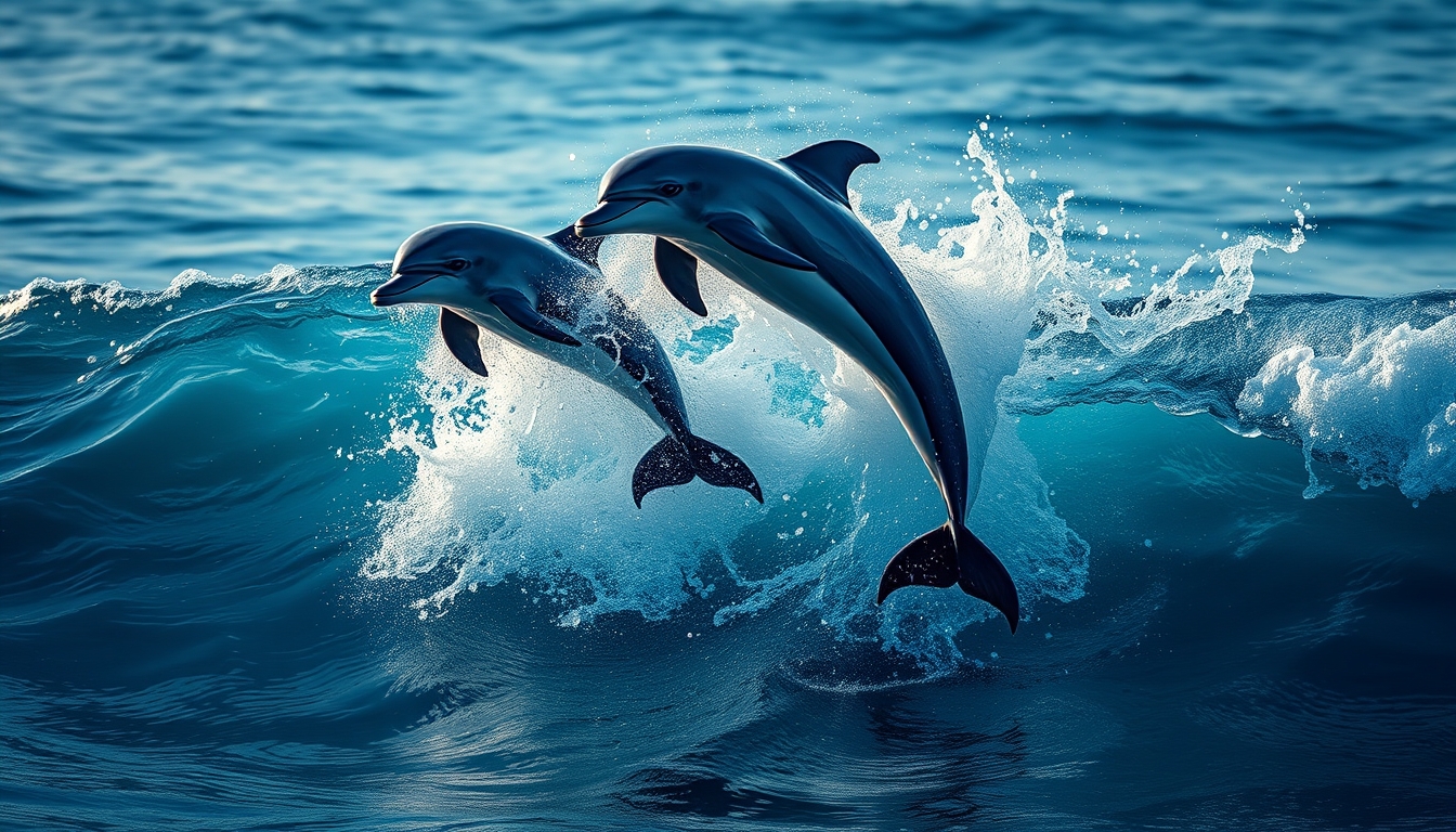 dolphins jumping wave in editorial style