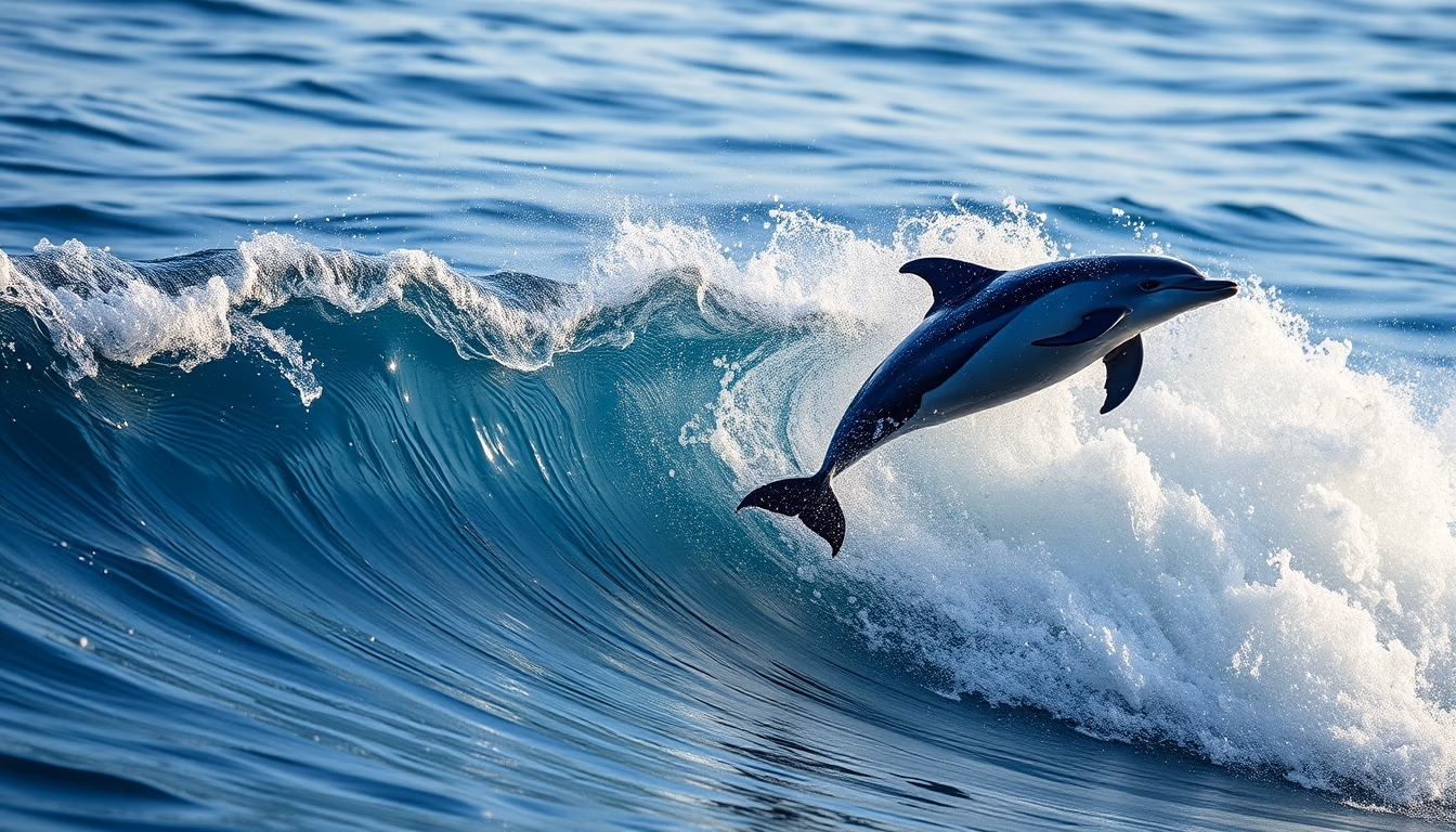dolphins jumping wave in editorial style