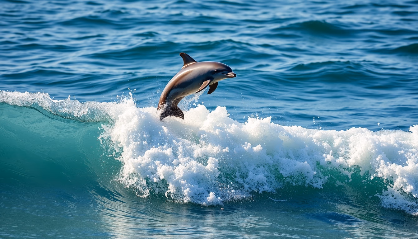 dolphins jumping wave in editorial style